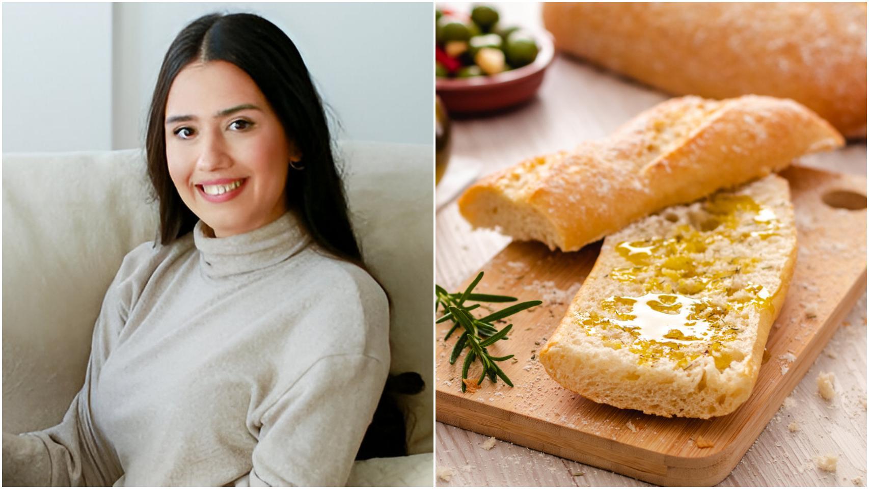 Foto de Sandra Moñino junto a una tostada con aceite de oliva.