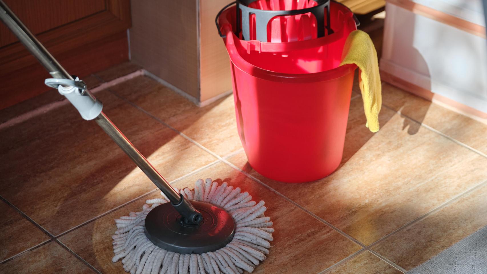 Un cubo de fregar y un mocho.