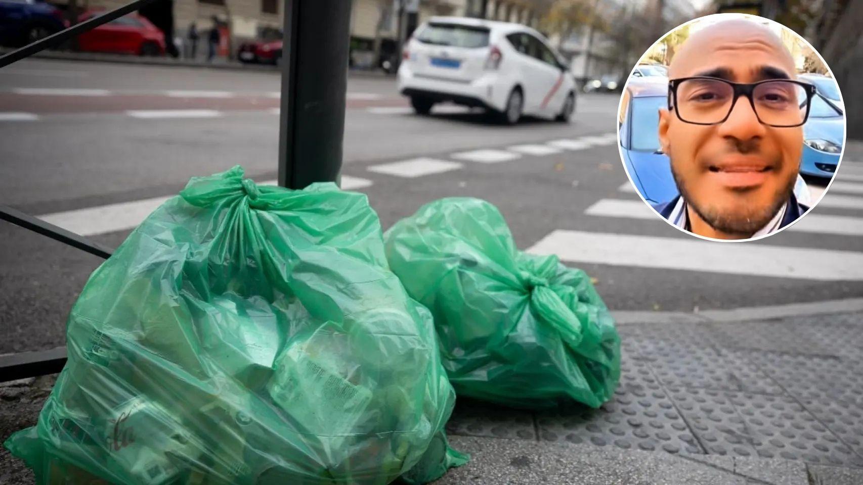 Fotomontaje de MADRID TOTAL con el experto inmobiliario y unas bolsas de basura.