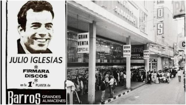 Anuncio de la firma de discos de Julio Iglesias en Barros, en A Coruña. Al lado, colas de clientes en la calle Torreiro.