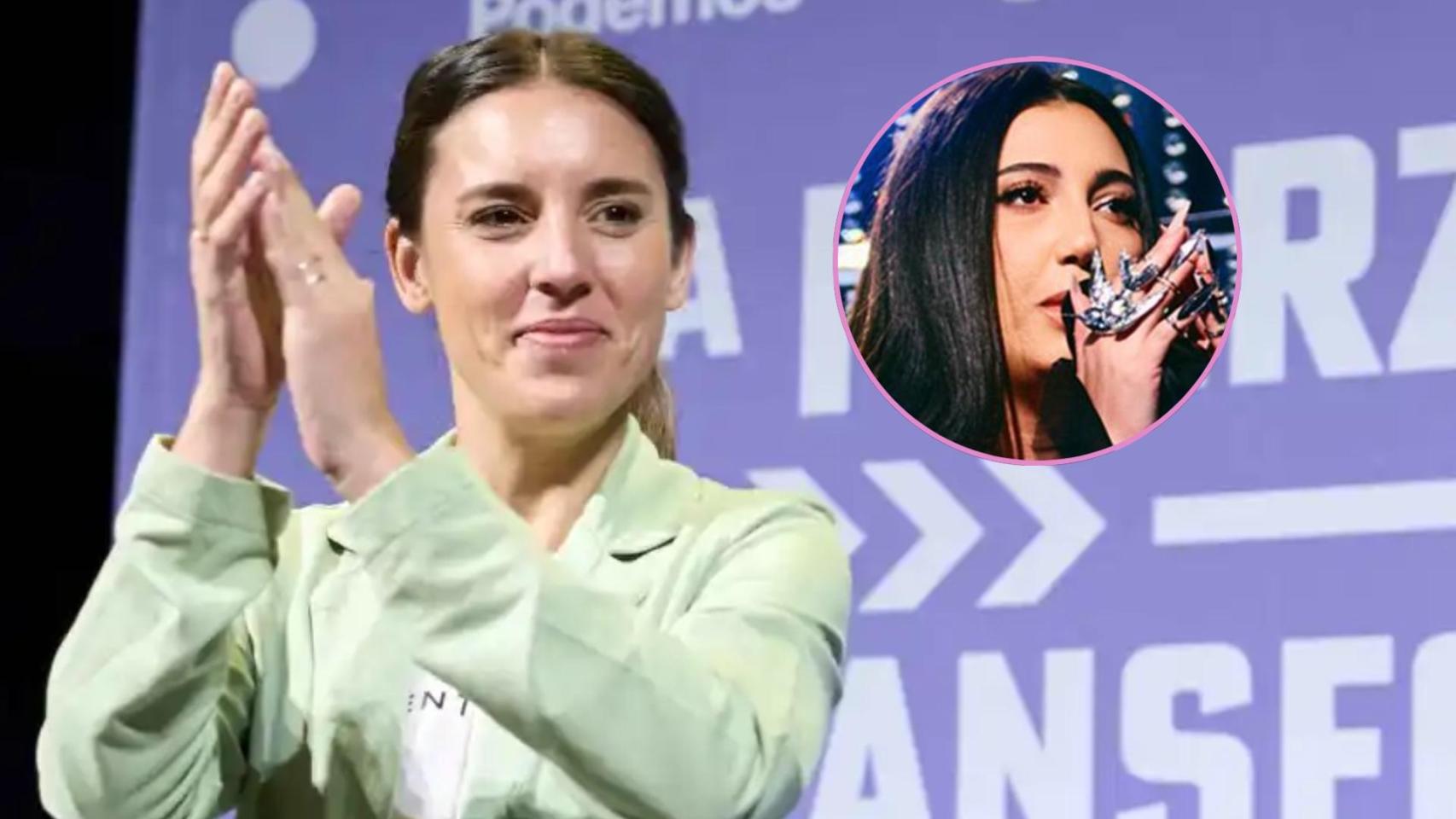 Irene Montero en un acto de Podemos y Yuval Raphael en la segunda semifinal de Eurovisión.