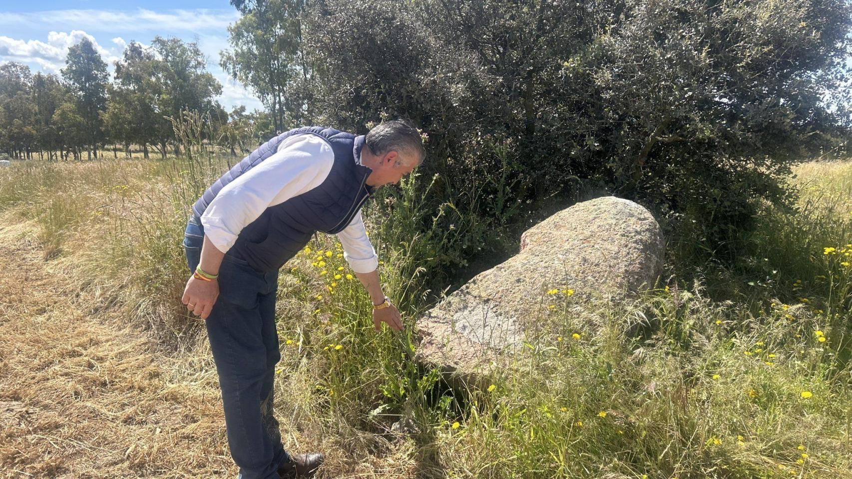 El concejal de Entorno Rural del Ayuntamiento de Talavera de la Reina, Gerardo Sánchez, junto al menhir derribado en Gamonal.