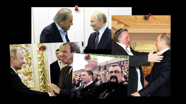 Steven Seagal (c) en el Día de la Victoria; Gérard Depardieu (d) antes de que se le concediera la nacionalidad rusa; Oliver Stone (arriba) durante los años de entrevistas para 'The Putin Interviews'; Gerhard Schröder (i) estrecha la mano del presidente de Rusia.