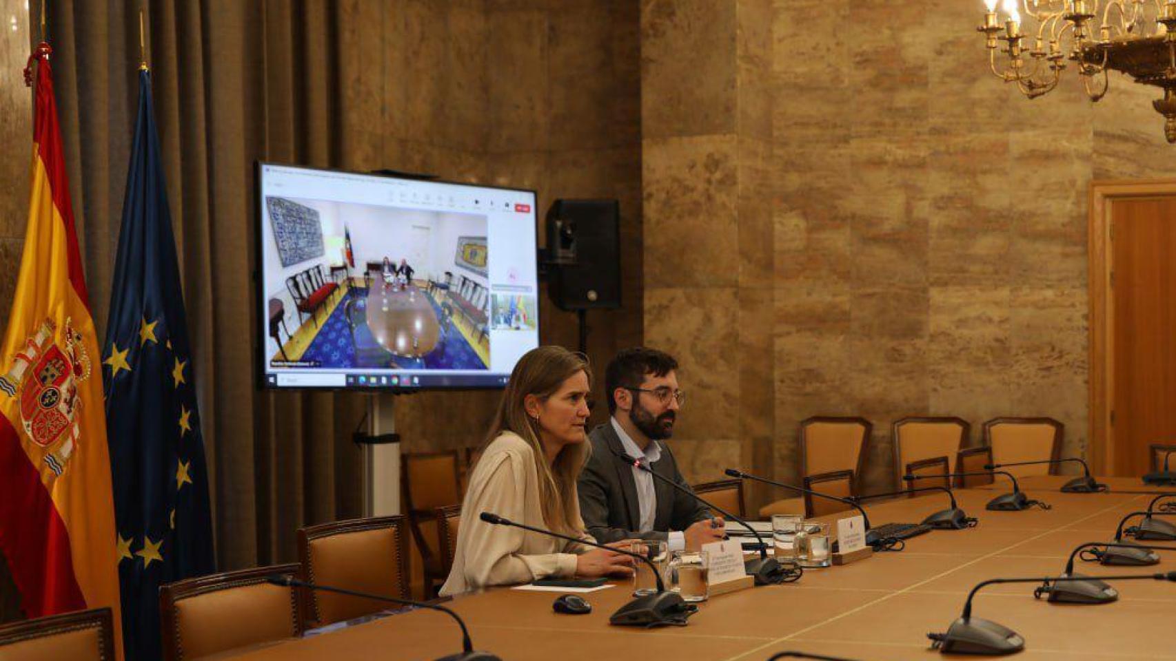 Sara Aagesen y Joan Groizard en la reunión telemática con Maria da Graça Carvalho.