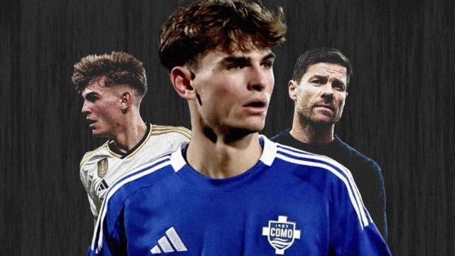 Nico Paz, en un fotomontaje junto a una imagen suya en el Real Madrid y Xabi Alonso