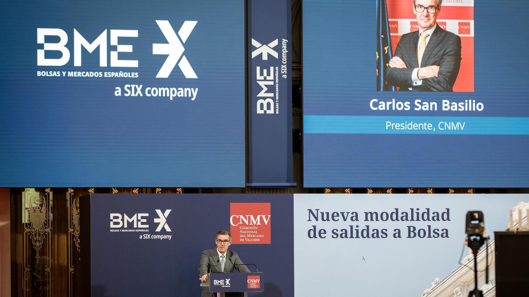 El presidente de la CNMV, Carlos San Basilio, durante la presentación de la nueva modalidad de salidas a bolsa.
