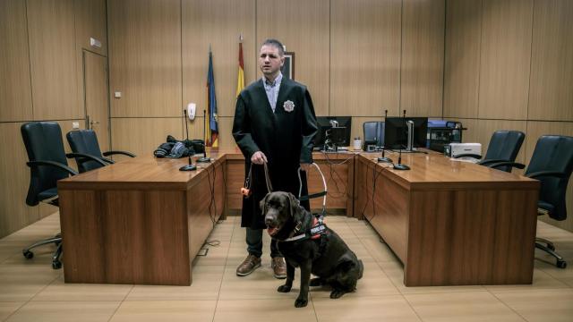 Héctor Melero con Anís en la sala de vistas en la que celebró un juicio el pasado viernes. Biel Aliño
