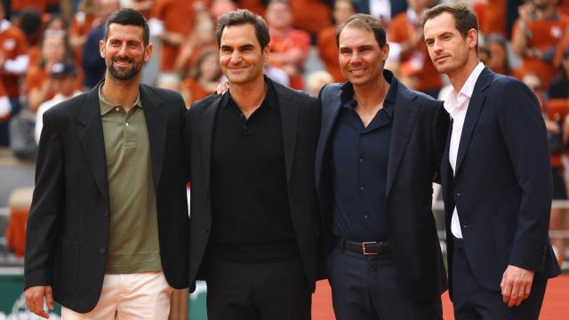 Novak Djokovic, Roger Federer, Rafa Nadal y Andy Murray, juntos durante el homenaje al balear.