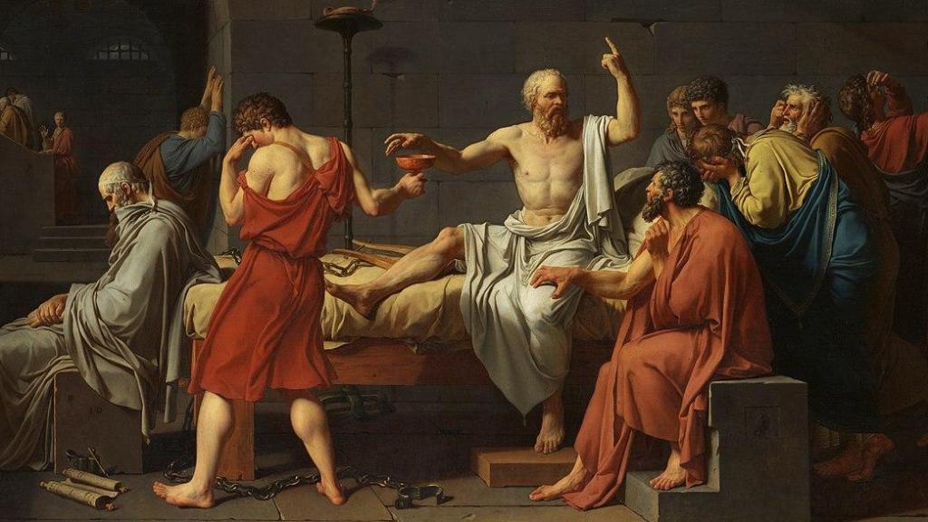 'La muerte de Sócrates' (Jacques-Louis David, 1787), donde se representa al filósofo rodeado de amigos segundos antes de tomar la cicuta. Foto: Wikimedia Commons