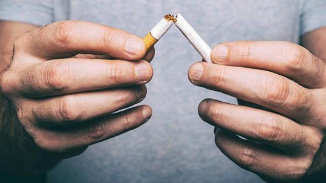 Una persona rompe por la mitad un cigarro de tabaco.