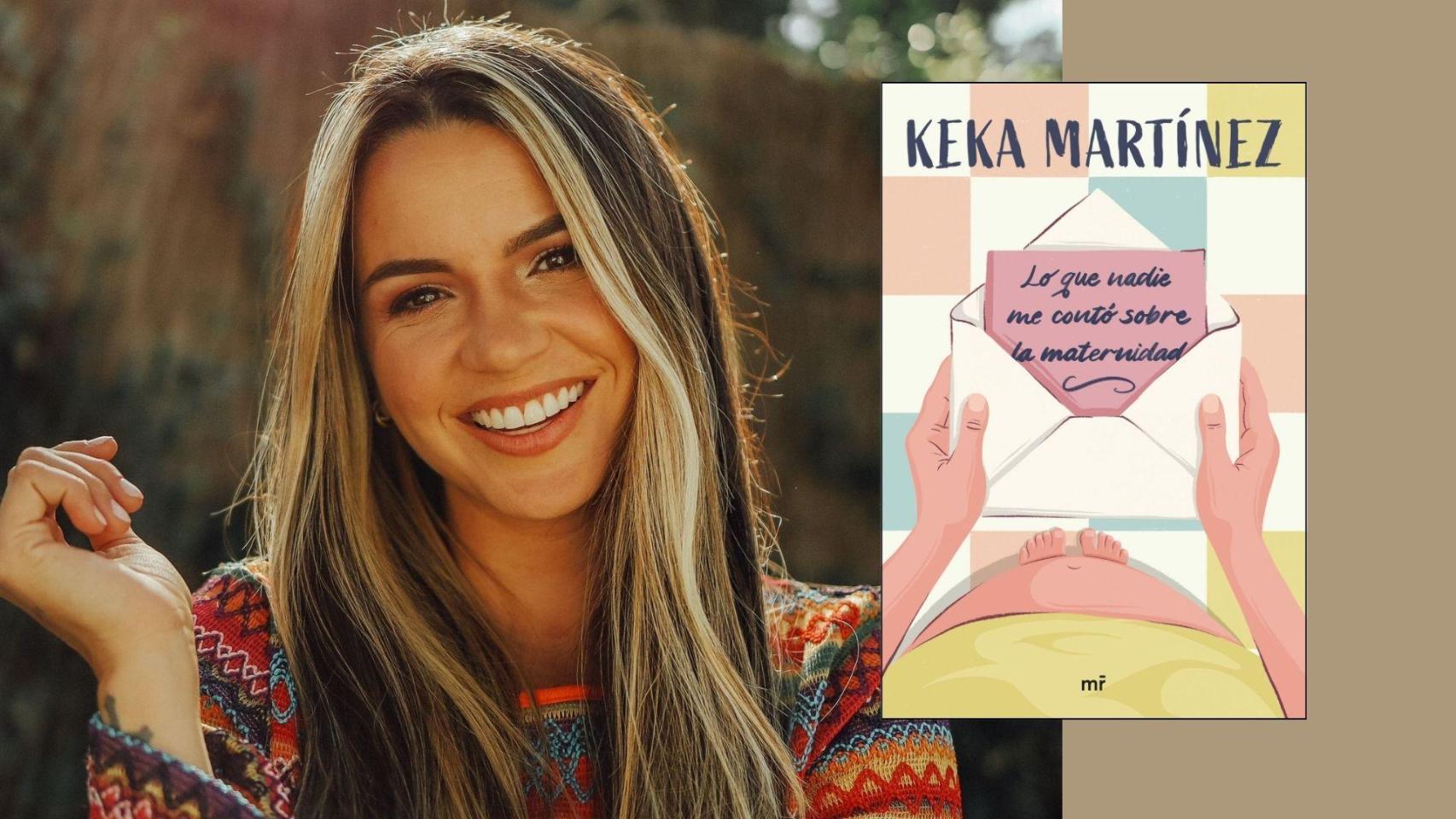 Keka Martínez junto con la portada de su libro