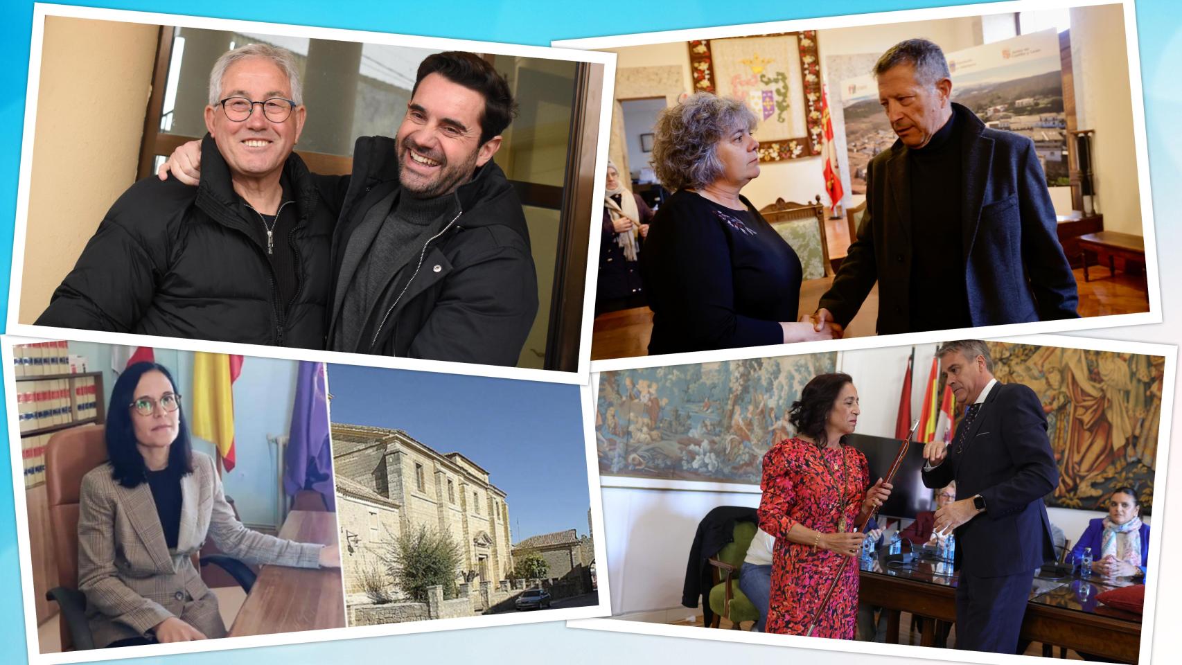 Arriba: El socialista Jerónimo Cantuche, alcalde de Gallegos del Pan (Zamora), al prosperar la moción de censura contra el PP. Al lado, moción de censura en el ayuntamiento de Candelario (Salamanca). Abajo: Noelia García exalcadesa de Villabrágima (Valladolid) y cambio de alcalde tras moción de censura en el Ayuntamiento de Toro (Zamora).