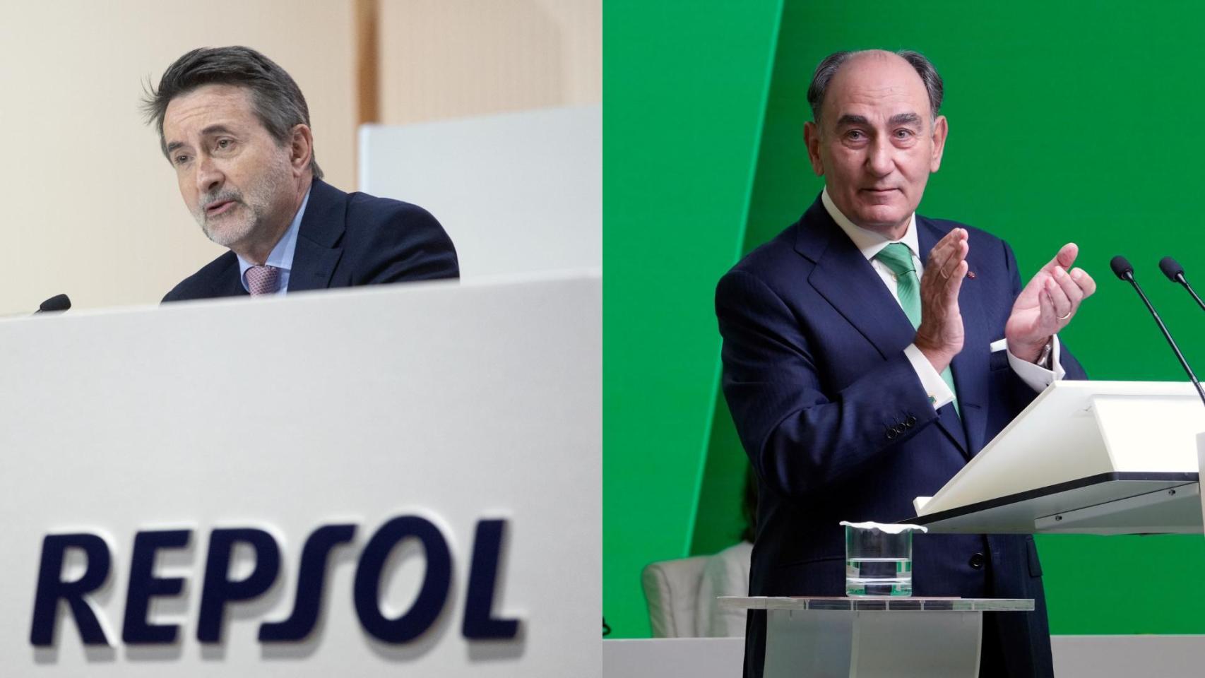 El CEO de Repsol, Josu Jon Imaz (izq.) y el presidente de Iberdrola, Ignacio Galán (dcha.), en sus respectivas JGA 2025.