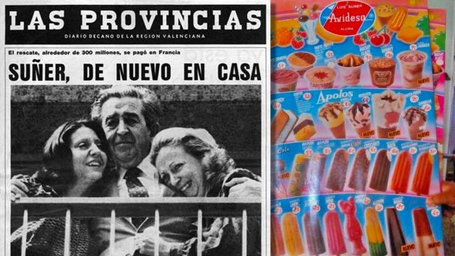 El empresario Luis Suñer junto a su familia en una fotografía publicada por el diario valenciano 'Las provincias' tras su liberación. A la derecha, antiguo cartel con los helados Avidesa.