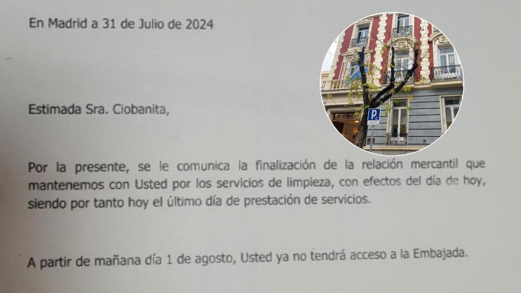 La carta de despido de la empleada y una imagen de la fachada de la Embajada Argentina en España.