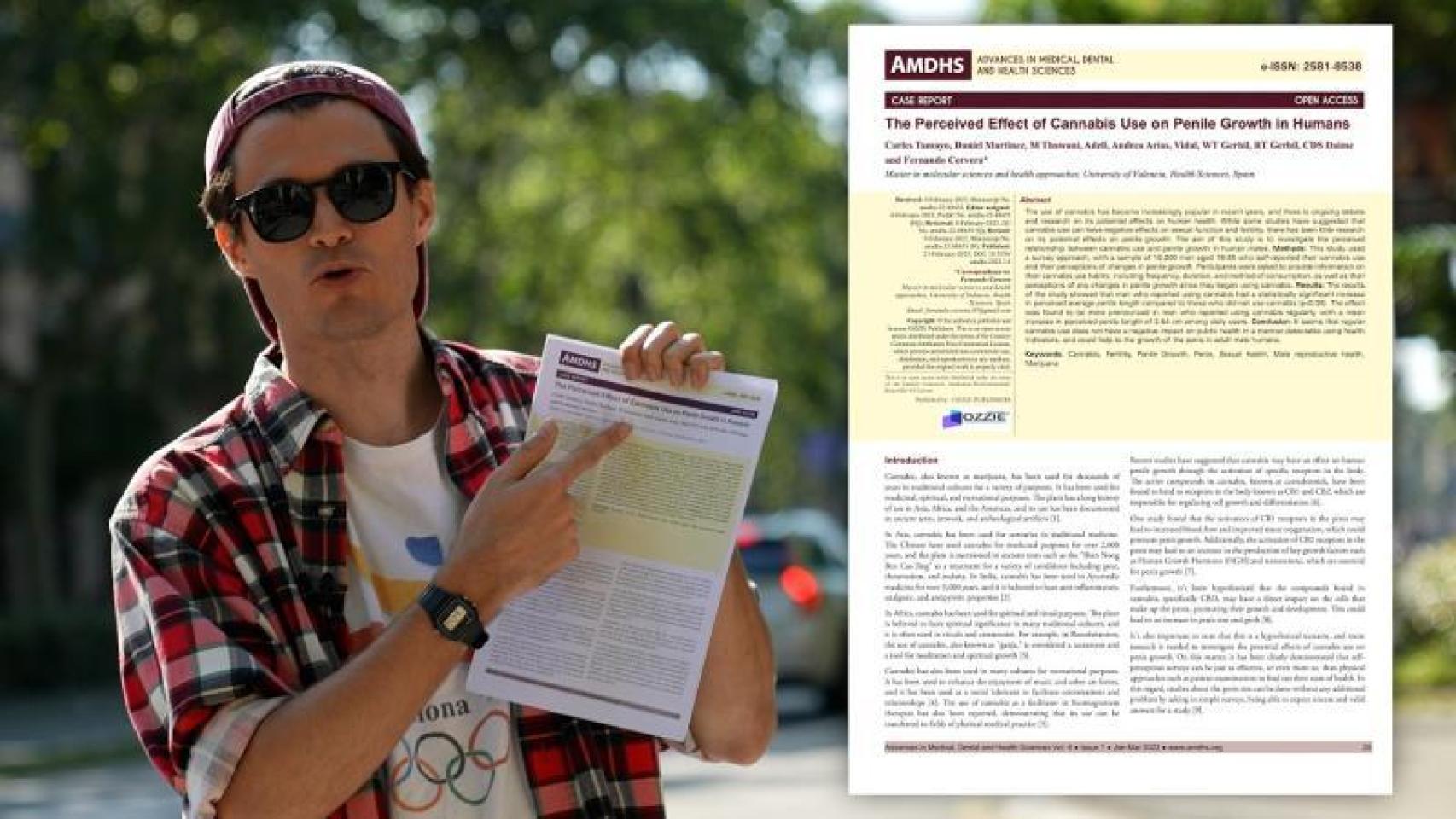 Carles Tamayo muestra a cámara su artículo científico falso.