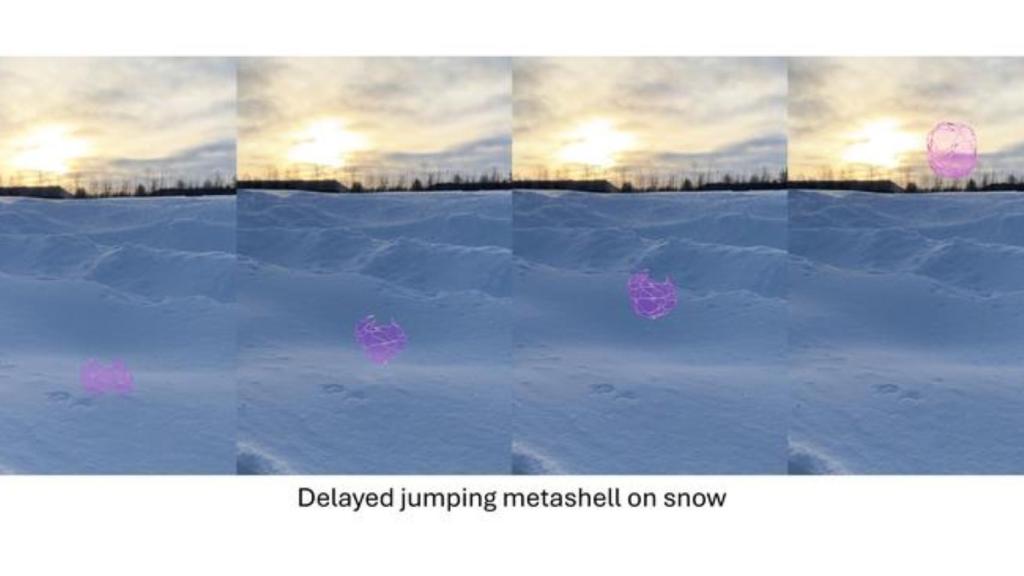 El robot autónomo saltando en el aire desde una superficie nevada.