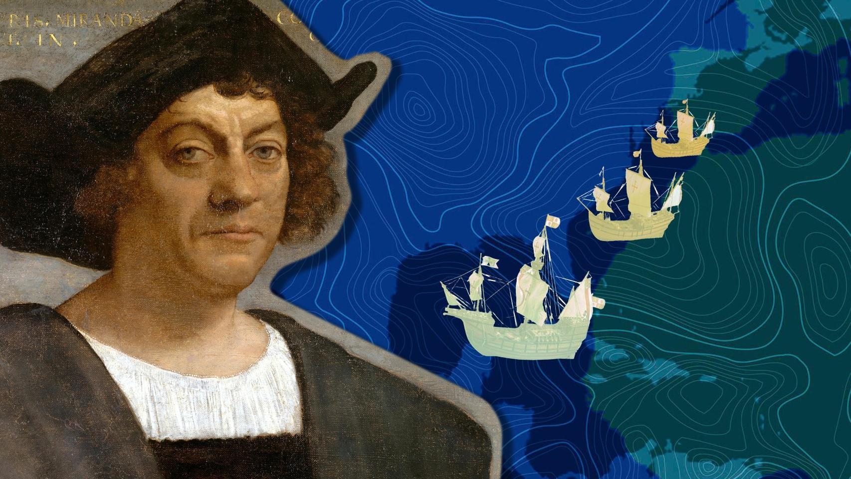 Supuesto retrato de Colón realizado por Sebastiano del Piombo en 1519. Al fondo, diseño de Rubén Vique.