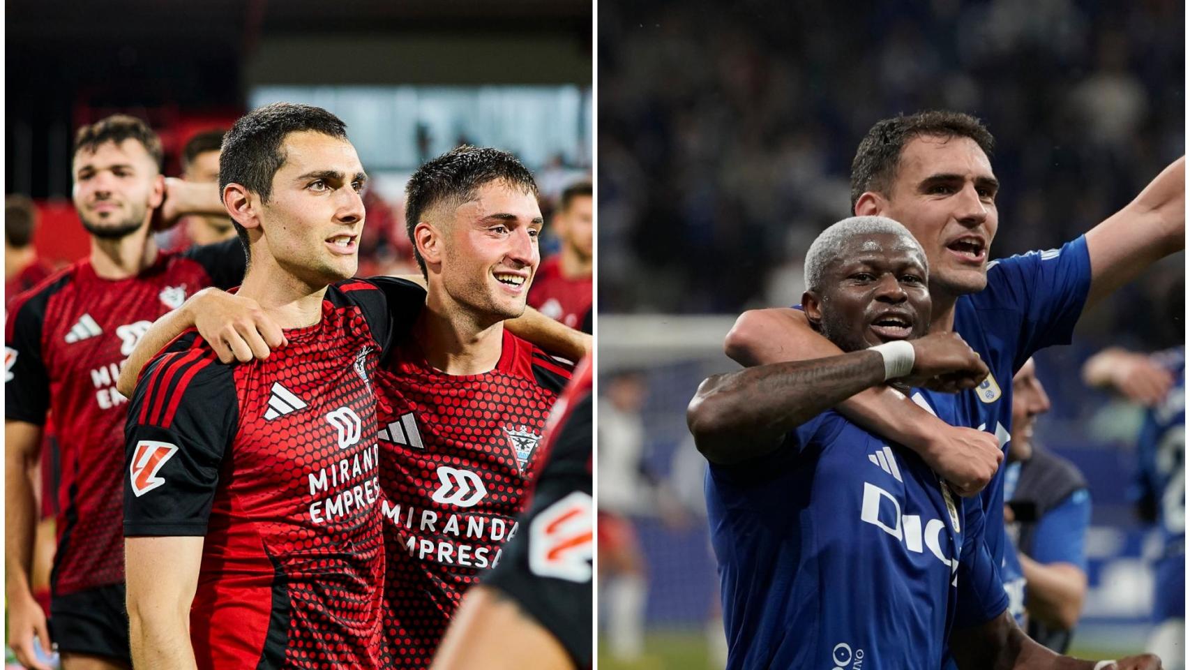Jugadores del Mirandés y el Real Oviedo antes del choque del playoff