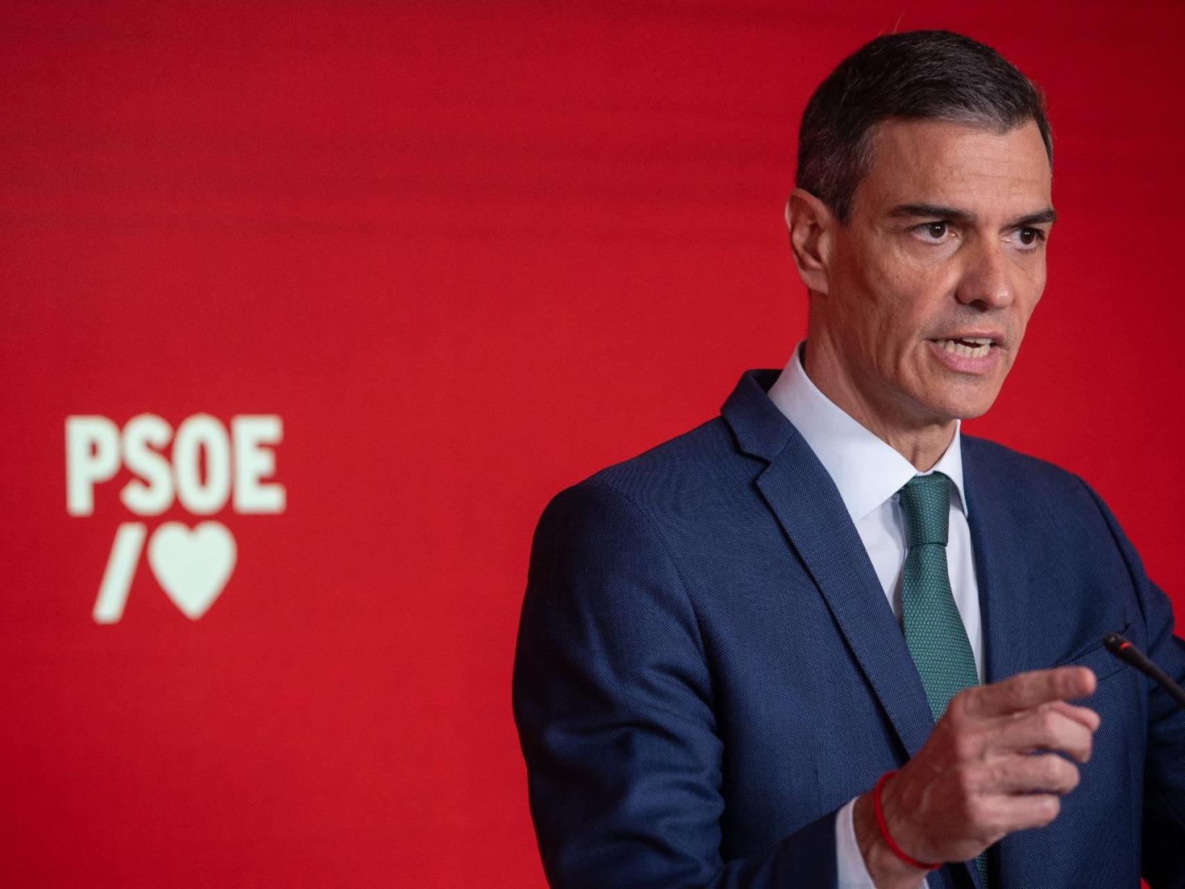 Pedro Sánchez, este lunes, en la sede central del PSOE en Madrid.