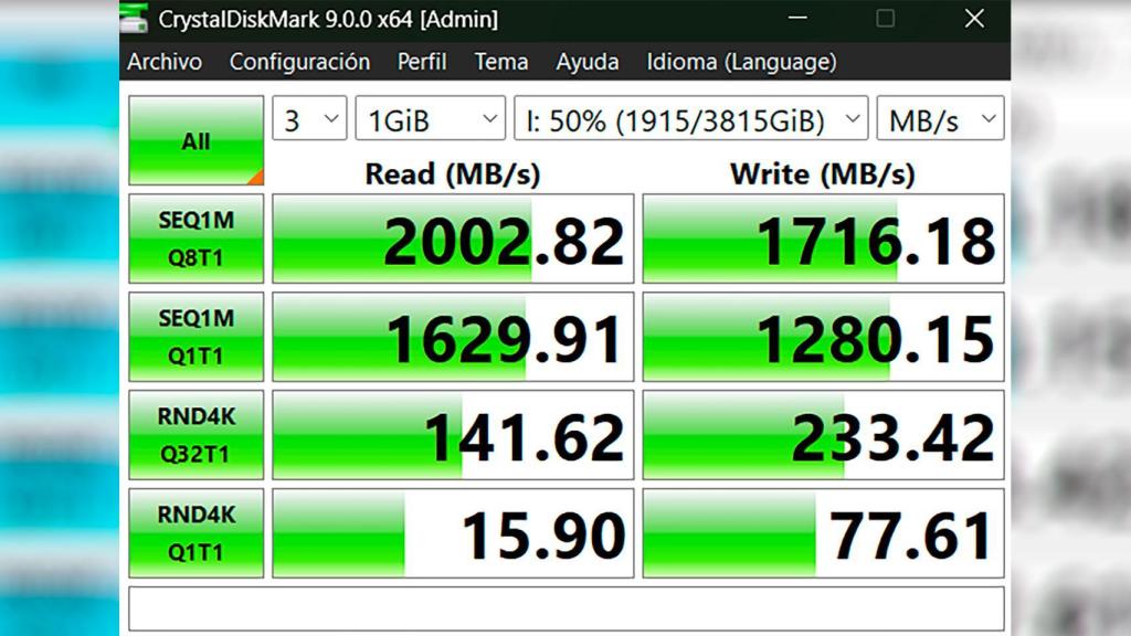 Test de prueba con CrystalDiskMark