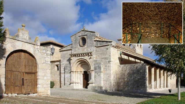 La iglesia de Santa María de Wamba (Valladolid) junto a una imagen de las calaveras del osario