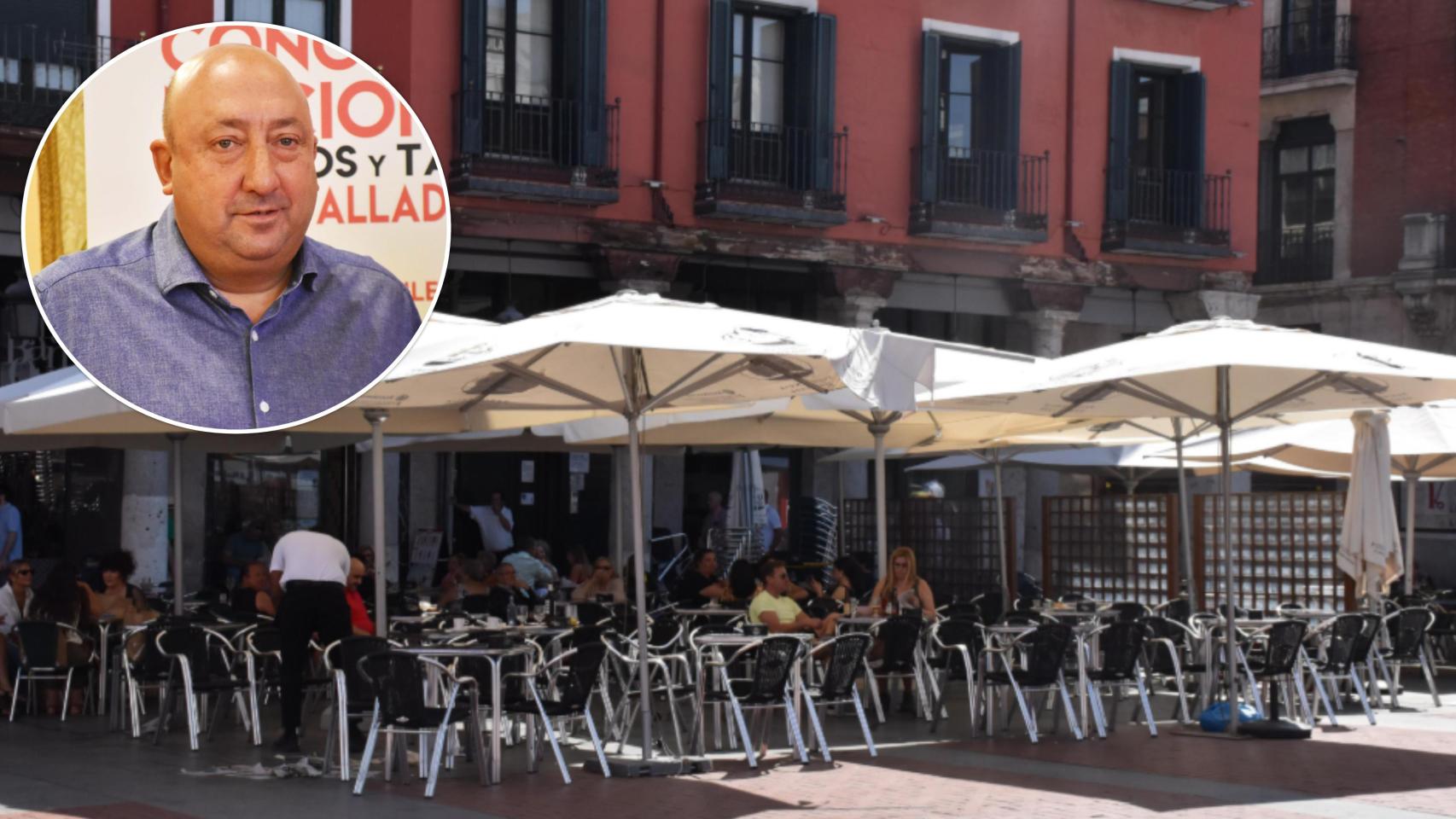 La Plaza Mayor de Valladolid junto a una imagen de Jaime Fernández, hostelero y presidente de la Asociación Provincial de Empresarios de Hostelería de Valladolid (APEHVA)