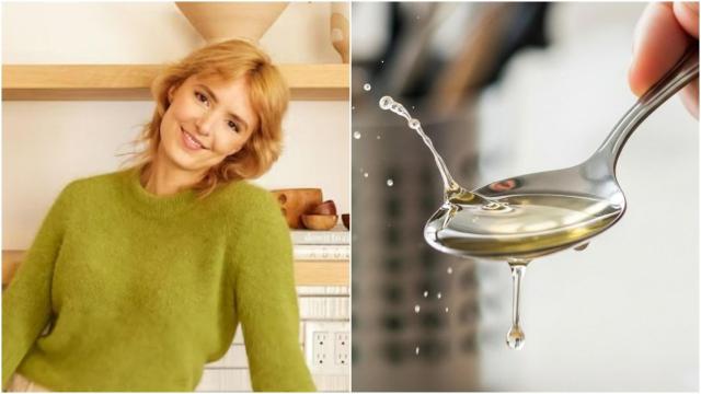 Jessie Inchauspé junto a una cucharada de vinagre.