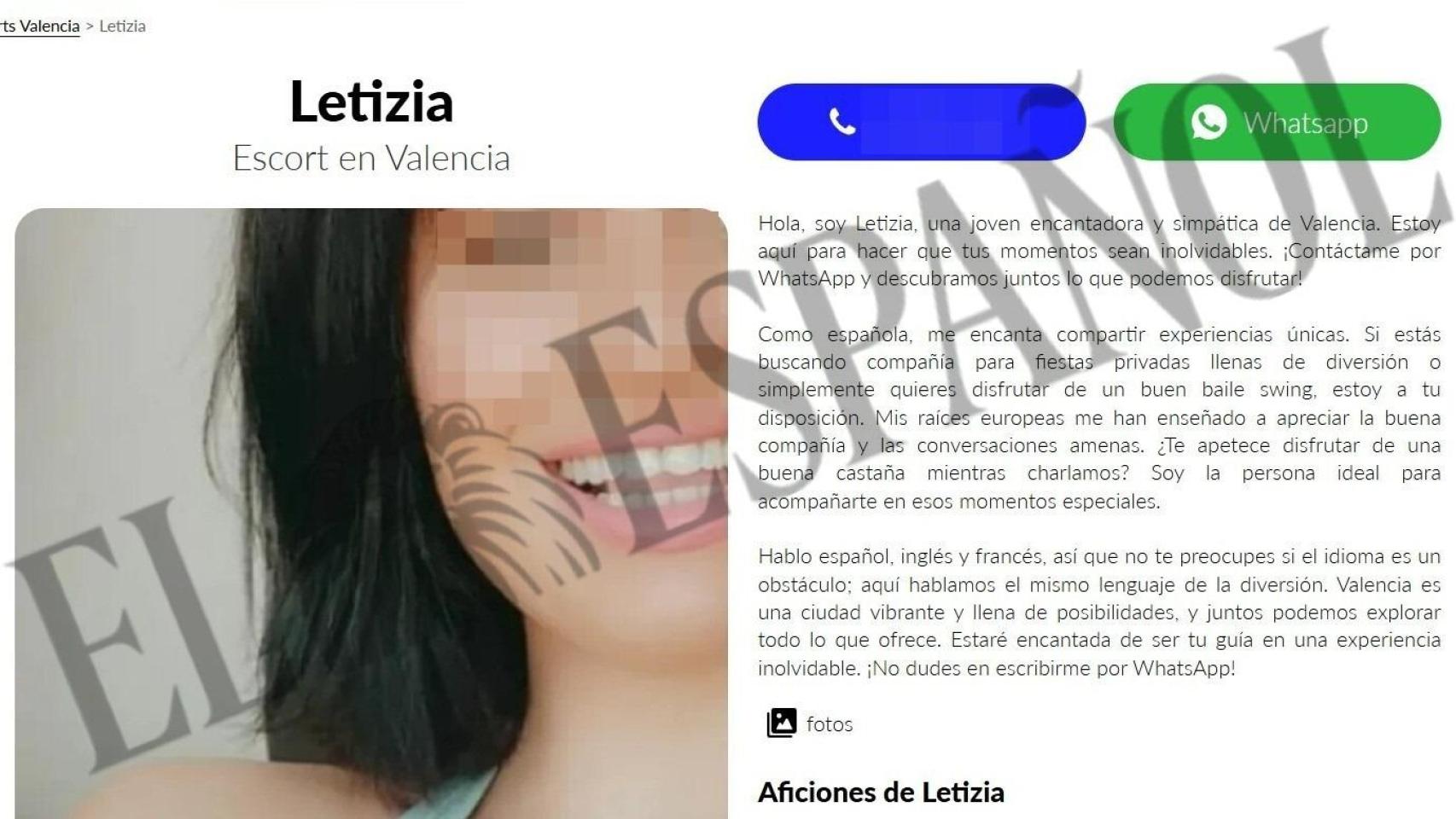 Anuncio en activo de Letizia en una web de escorts. EE