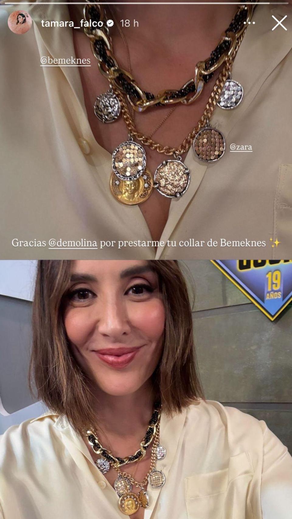 Tamara Falcó luciendo tres collares en tendencia 'layering'.