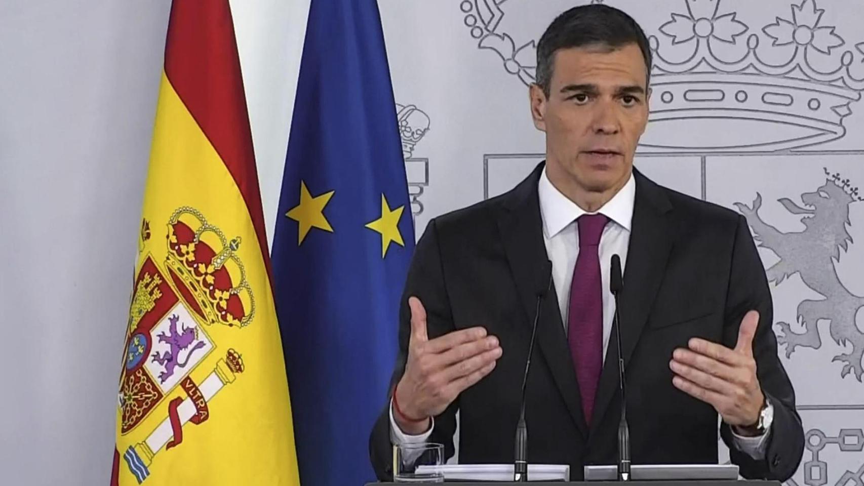 Pedro Sánchez durante su comparecencia en Moncloa de este domingo.