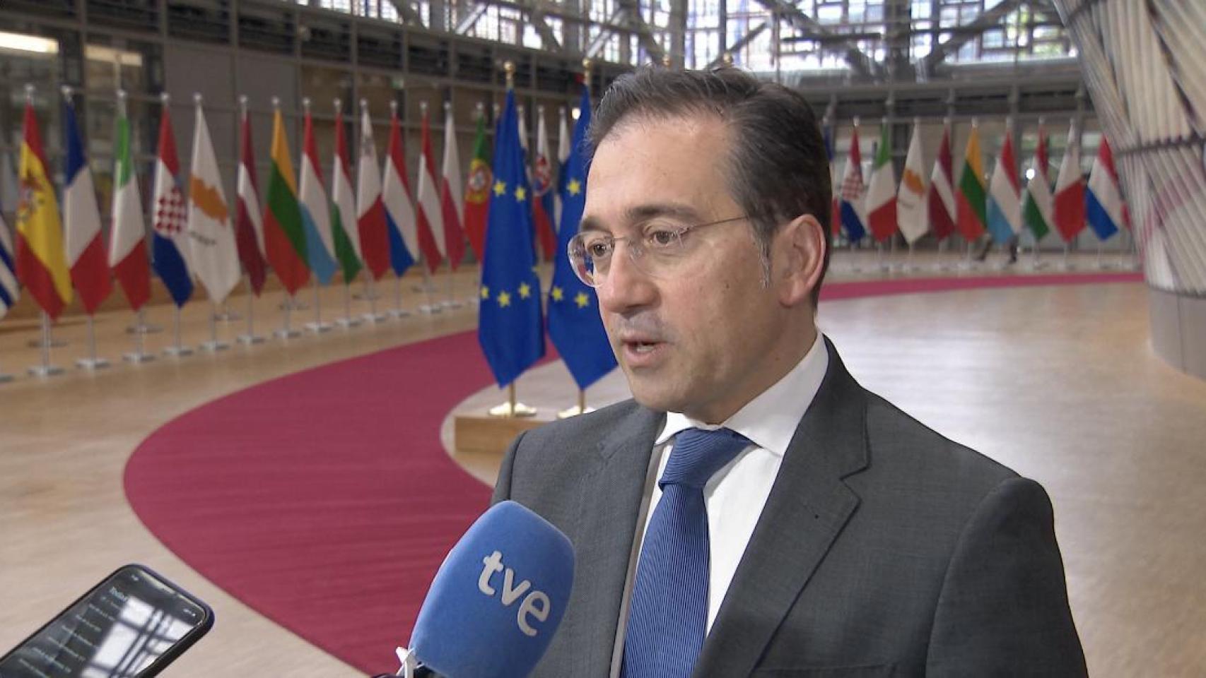 El ministro de Exteriores, José Manuel Albares, durante su comparecencia de este lunes en Bruselas