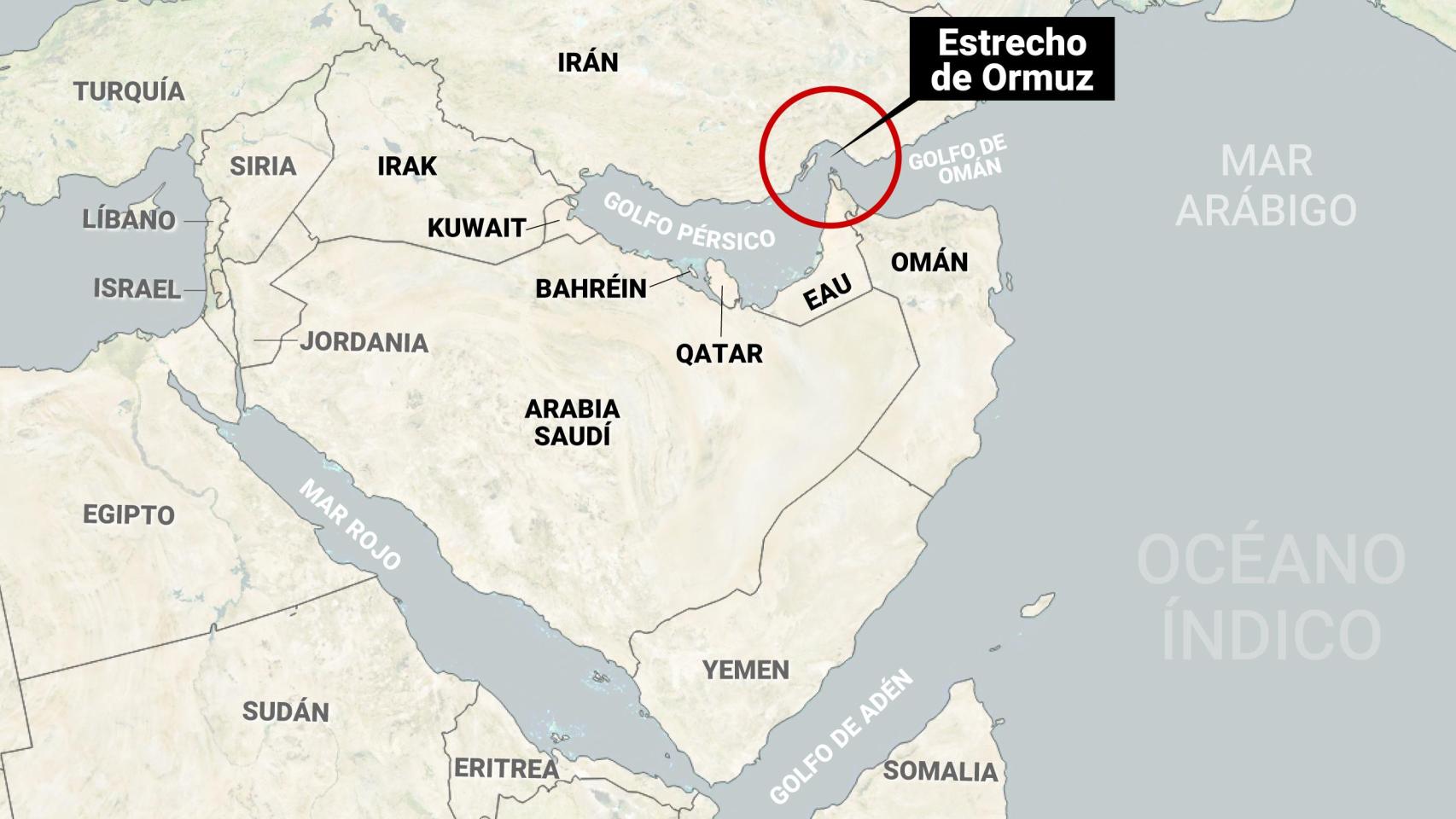 Mapa de localización del estrecho de Ormuz y los países que lo rodean en el golfo Pérsico.