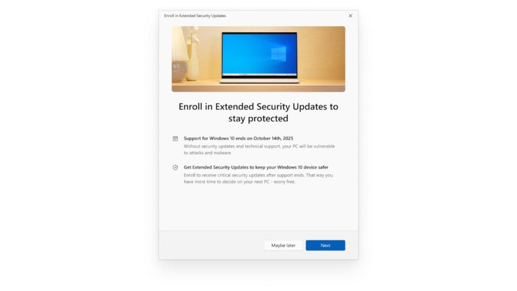 La ventana que permitirá a los usuarios extender el soporte de Windows 10