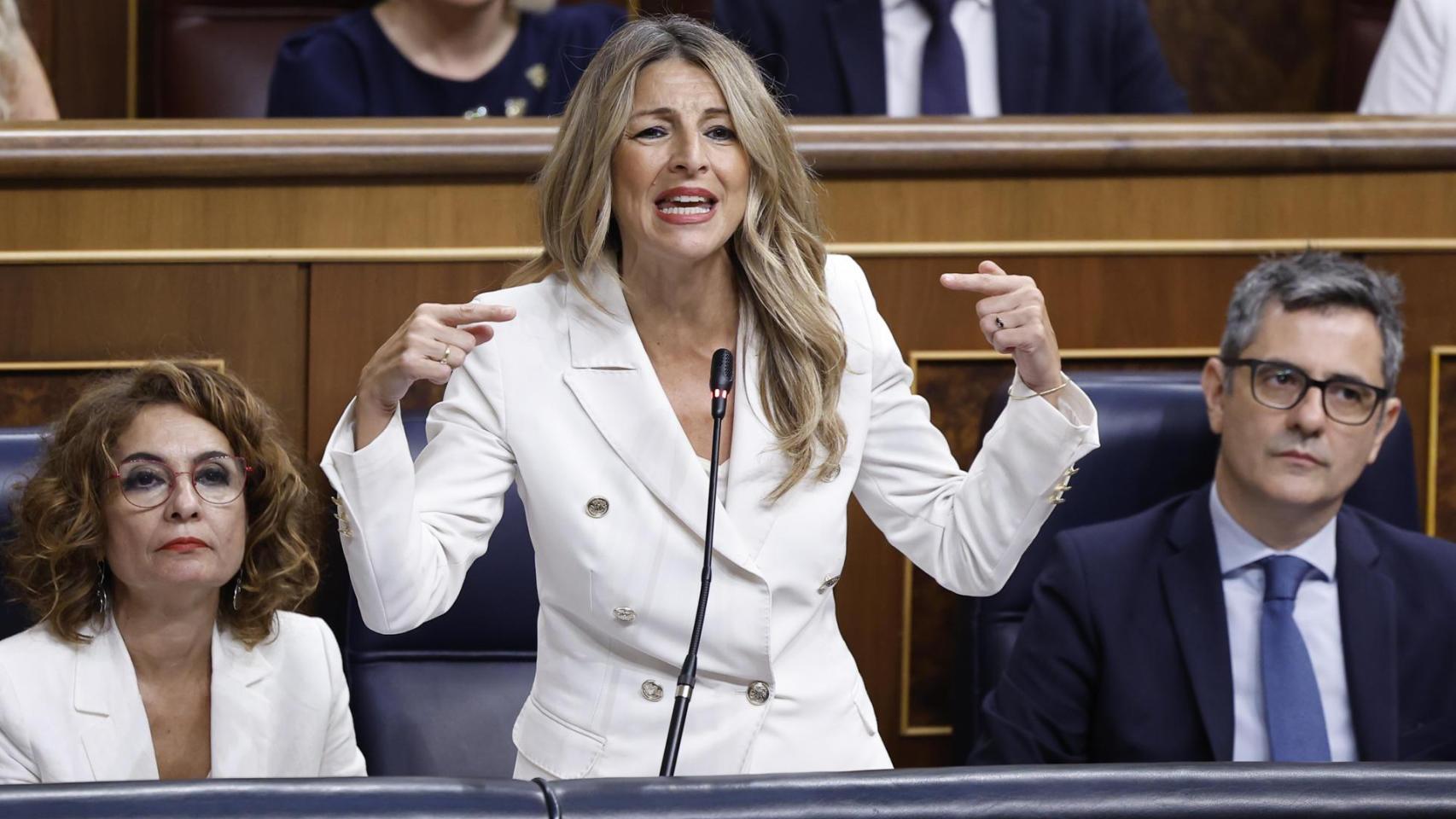 María Jesús Montero, Yolanda Díaz y Félix Bolaños, el pasado junio en la sesión de control al Gobierno en el Congreso.