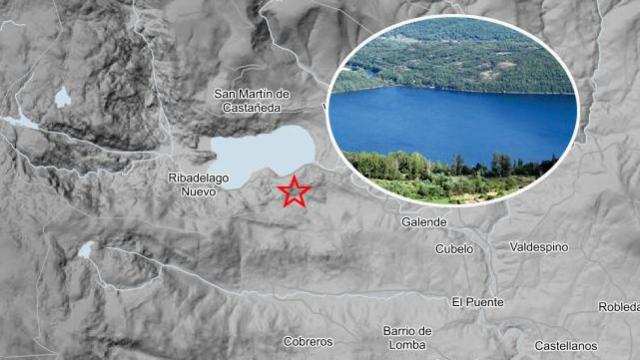 Montaje con el Lago de Sanabria y el punto exacto del terremoto