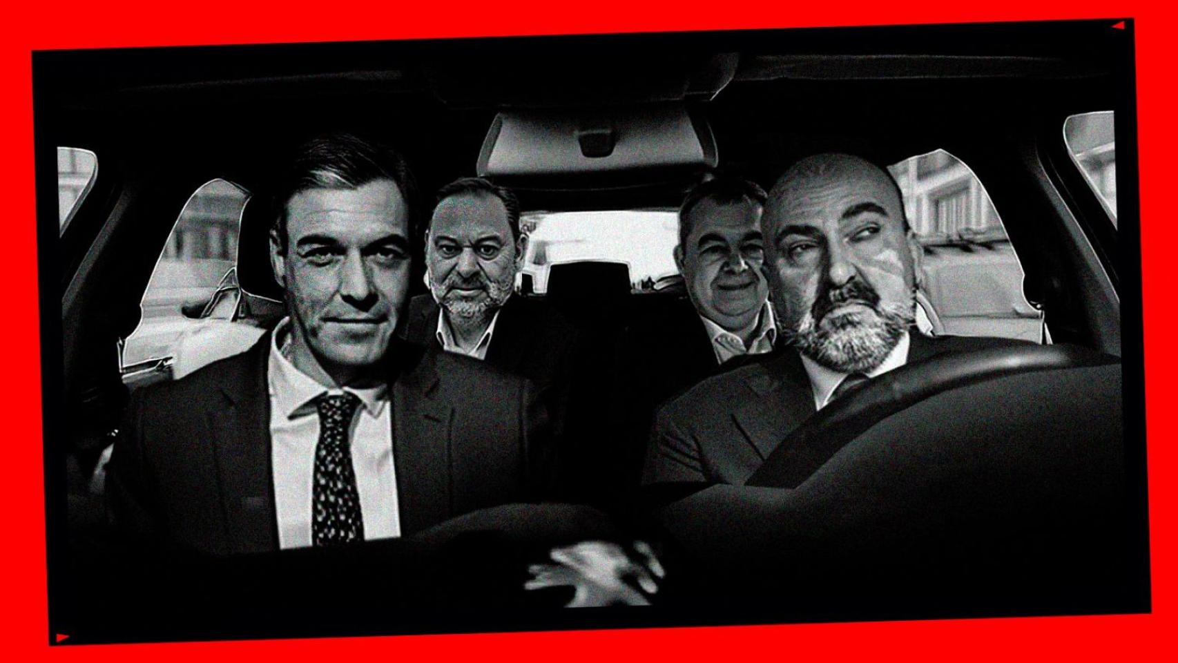 Imagen recreada con IA de Sánchez, Ábalos, Cerdán y Koldo, en el famoso Peugeot de las primarias del PSOE en 2017.
