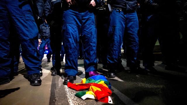 La bandera arcoíris frente a la policía húngara durante una manifestación después de que el Gobierno de Viktor Orbán anunciase la cancelación del Orgullo de Budapest.