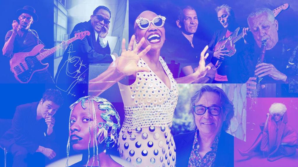 De izda a dcha. y de arriba abajo: Marcus Miller, Herbie Hancock, Dee Dee Bridgewater, Brad Mehldau, Marc Ribot, Paquito D'Rivera, Jamie Cullum, Cécile McLorin Salvant, Chano Domínguez y Lady Blackbird. Diseño: Rubén Vique