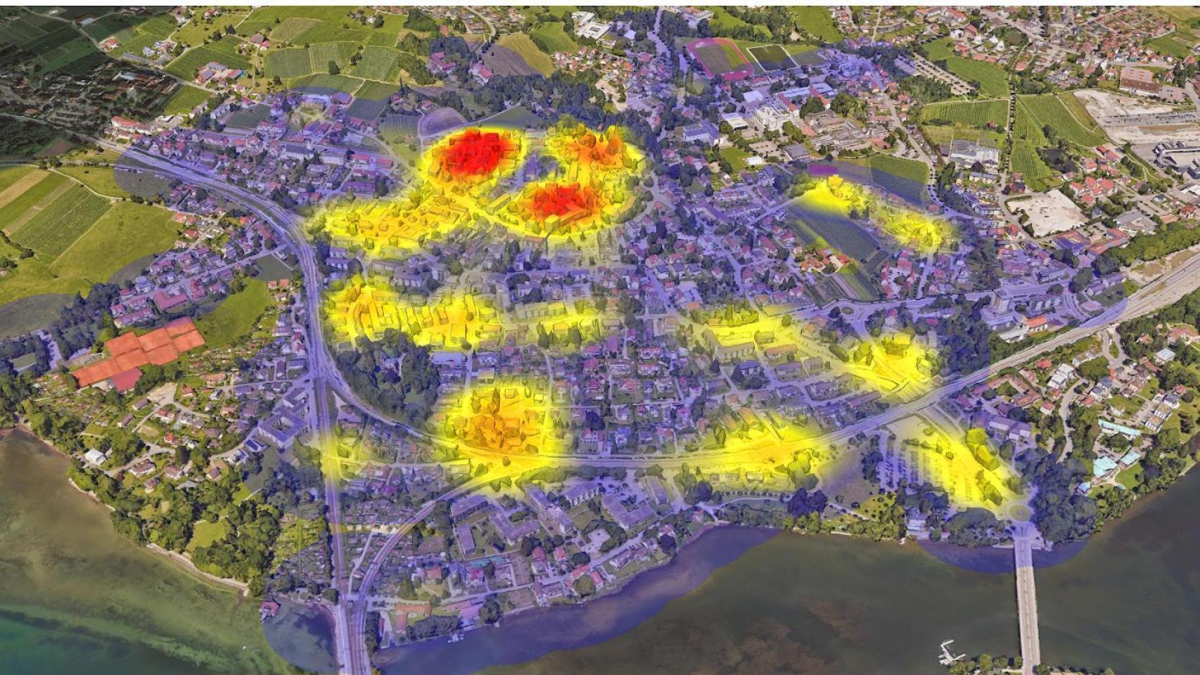Mapa proporcionado por Libelium donde aparecen en rojo las islas de calor en un entorno urbano.