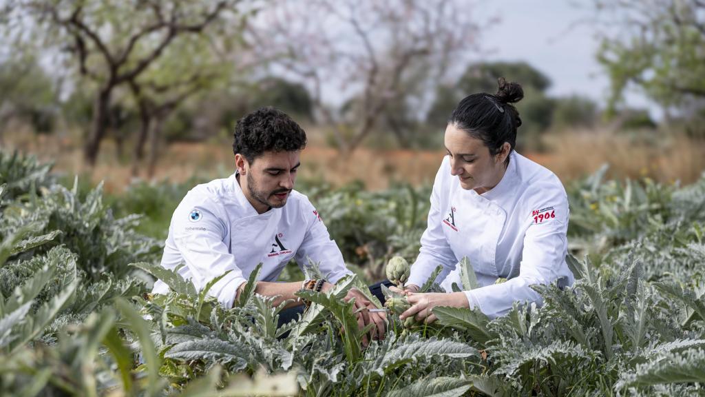 Emanuel y Alejandra, chefs de Atalaya, en un huerto de alcachofas de Alcocéber.