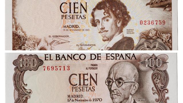 Dos billetes de 100 pesetas.
