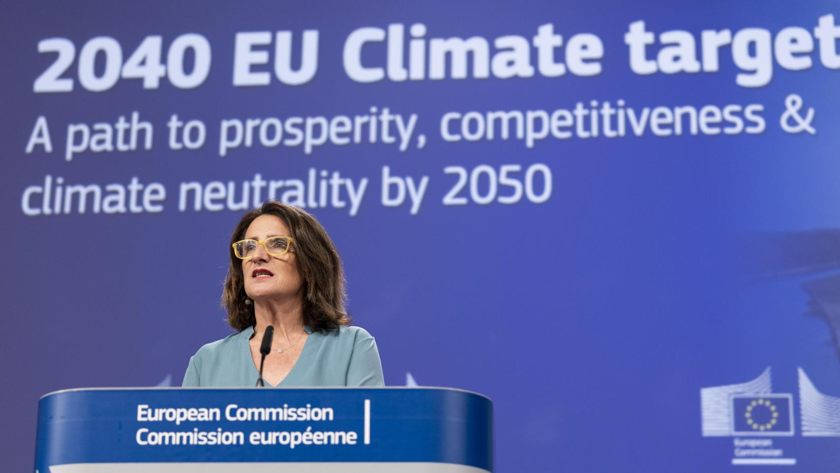 La vicepresidenta primera de la Comisión y responsable de Transición Verde, Teresa Ribera, durante la rueda de prensa de este miércoles en Bruselas