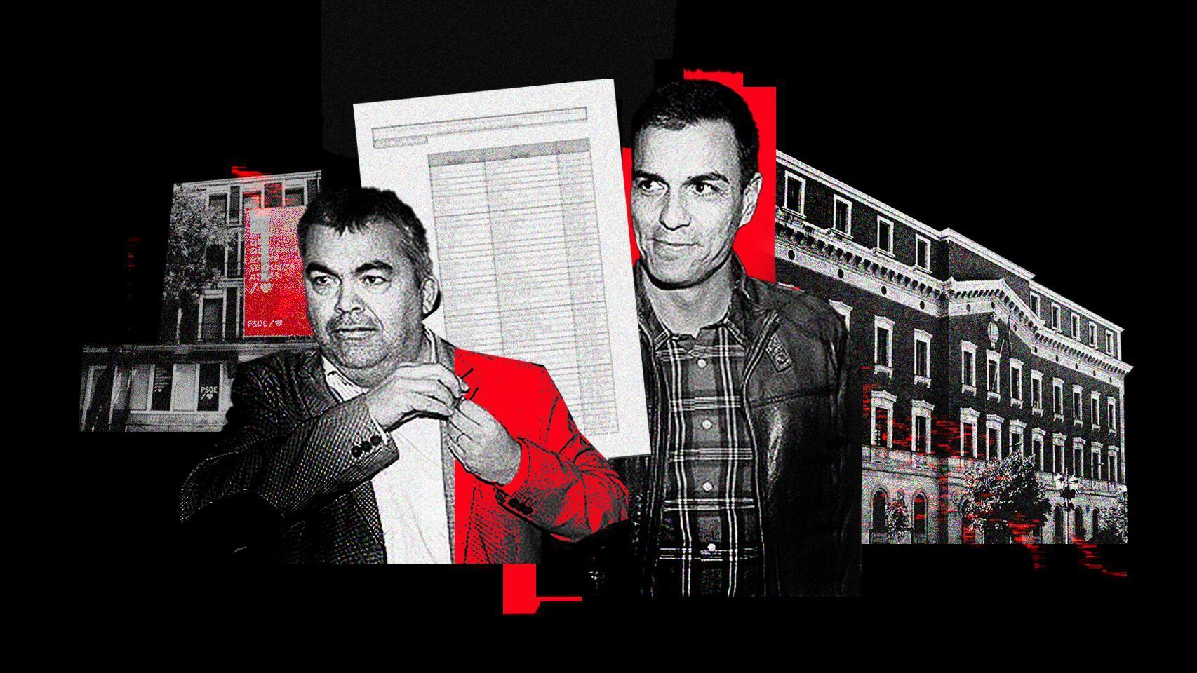 Santos Cerdán, Pedro Sánchez, la sede del PSOE y el Tribunal de Cuentas en una ilustración.