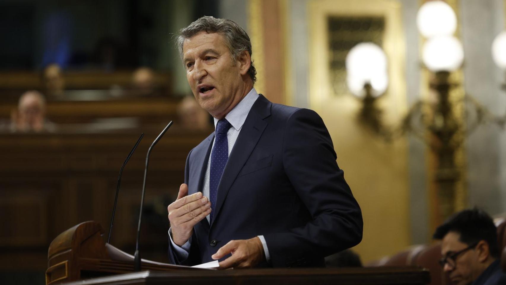 Albreto Núñez Feijóo, presidente del PP, durante su durísima contrarréplica a Pedro Sánchez en el pleno sobre corrupción.