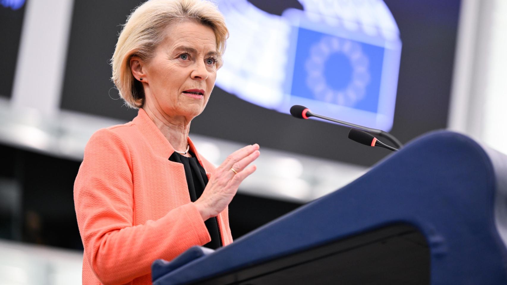 La presidenta Von der Leyen, durante el debate de la moción de censura el pasado lunes en Estrasburgo