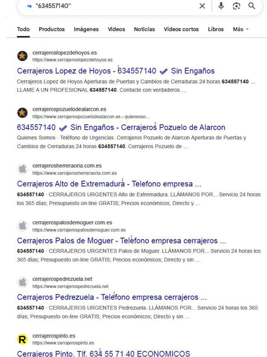 El número de la empresa que presuntamente estafó a Fernando coincide con decenas de nombres de cerrajerías.