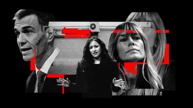 La portavoz del PP, Ester Muñoz, entre el presidente Pedro Sánchez y su mujer, Begoña Gómez.