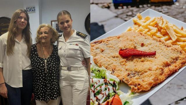 A la izquierda, María Luisa junto a la infanta Sofía y la princesa Leonor. A la derecha, uno de los cachopos del restaurante.