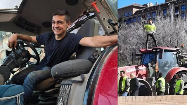 David Lafoz, en dos imágenes; a la derecha, subido al techo de su tractor.